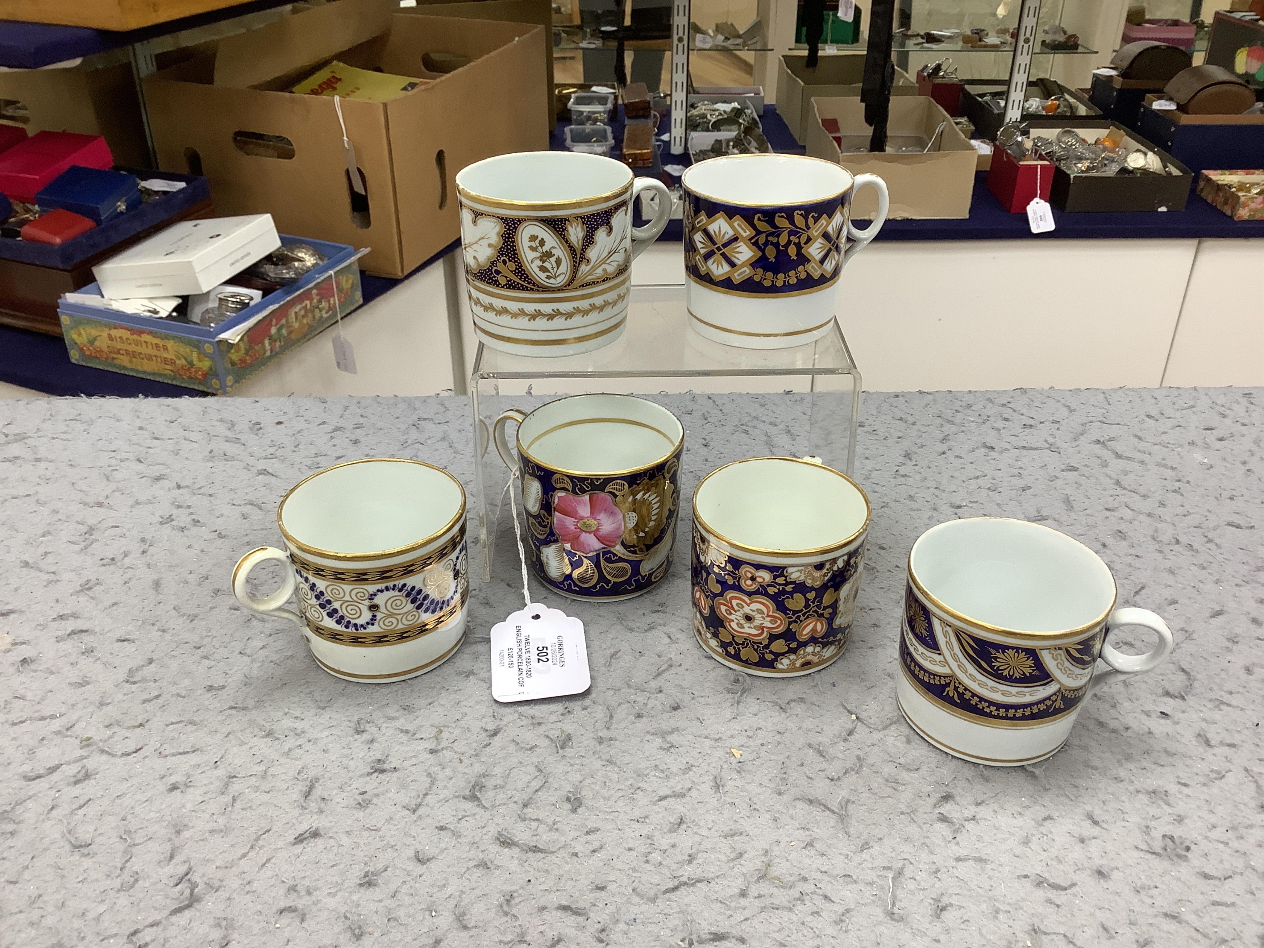 Twelve 1800-1820 English porcelain coffee cans, including Imari pattern examples